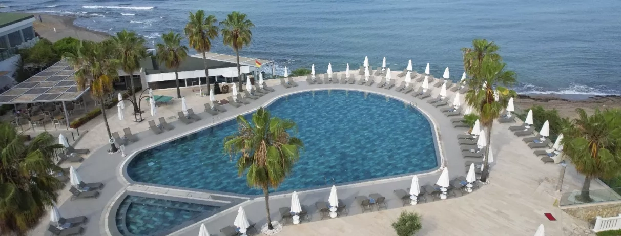 Une vue aérienne d'une piscine entourée de palmiers et de transats face à la mer.