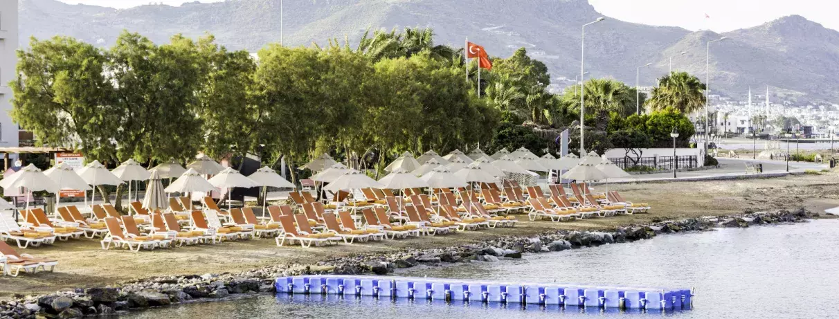 plage avec transats et parasols 