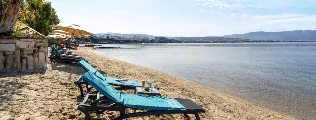 plage avec transats et parasols