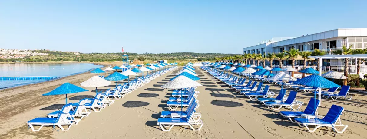 plage avec transats et parasols 