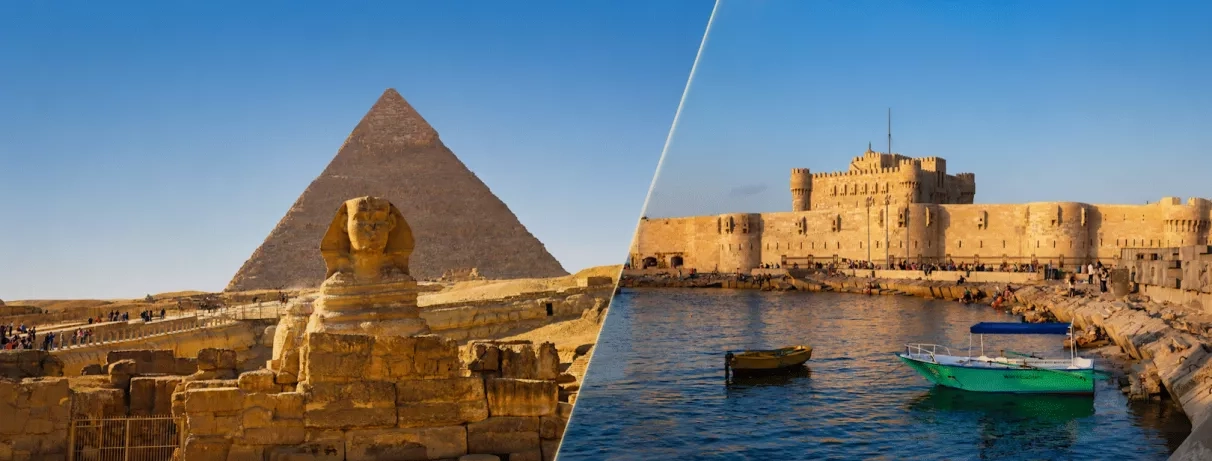 Le Sphinx et la pyramide de Gizeh, et le port d'alexandrie