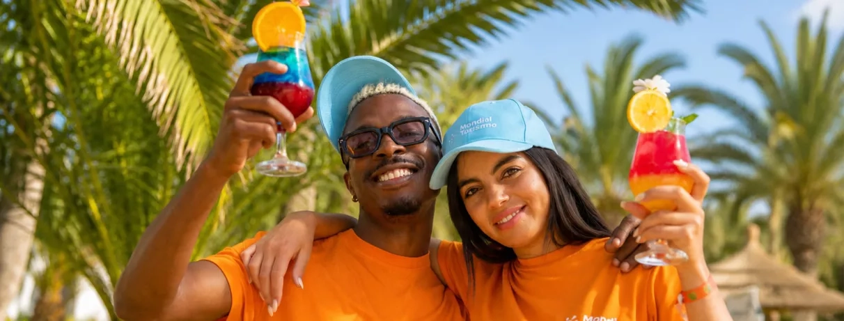 2 animateurs devant des palmiers avec un cocktail à la main