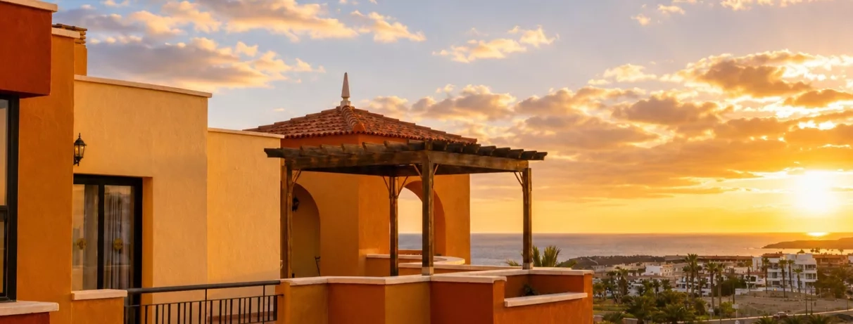 Vue de l'hôtel sur la mer au couché de soleil 