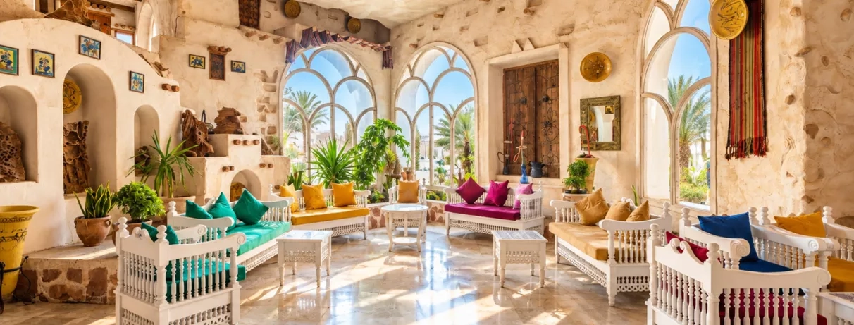 Salon de thé oriental et hall traditionnel avec banquettes colorées à l'hôtel Welcome Meridiana Djerba