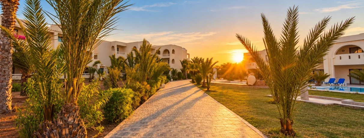 Allée pavée bordée de palmiers au coucher du soleil à l'hôtel César Thalasso de Djerba, Tunisie.