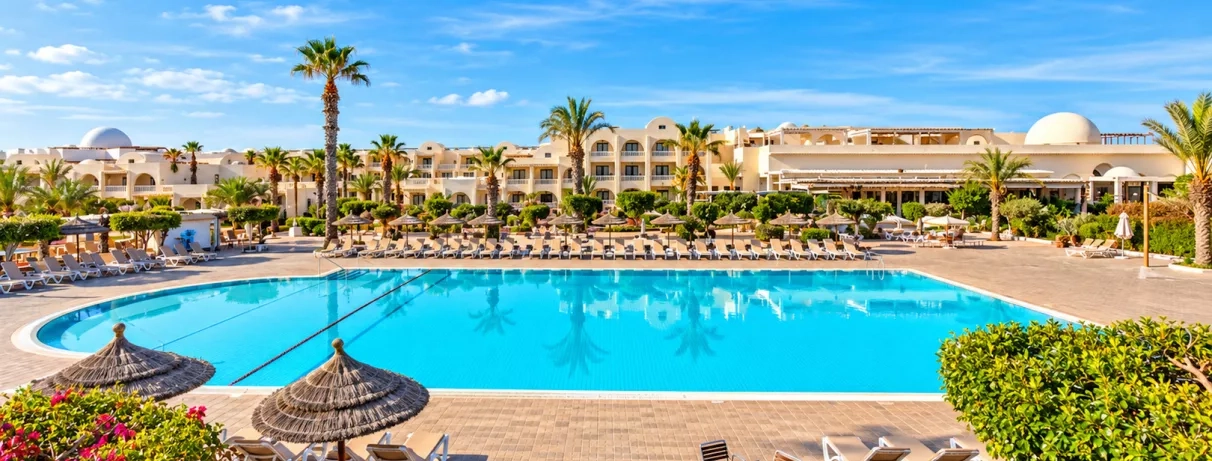 vue de la piscine avec palmiers et façade de l'hôtel du Djerba Aqua Resort à Djerba en Tunisie