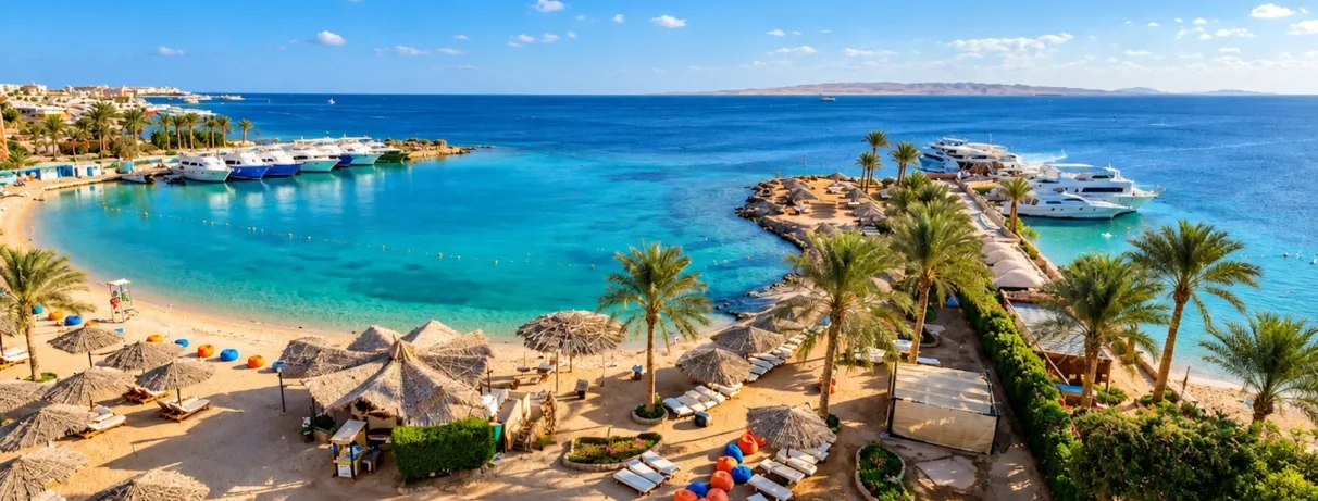 vue général avec transats au bord de la mer, palmiers, yachts sur le quai de la plage