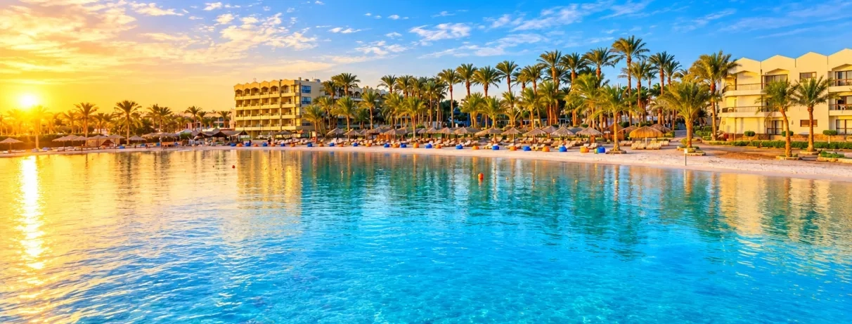 vue panoramique sur façade côté mer  avec transats, parasols, poufs colorées, palmiers, bâtiment de l'hôtel