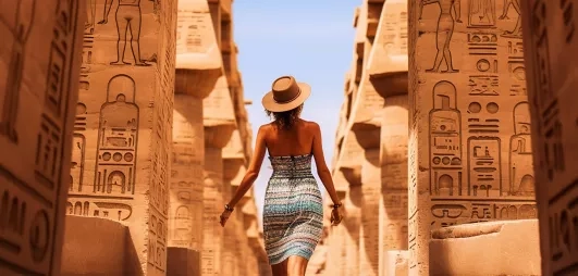 Femme contemplant les pyramides de gizeh en egypte lors d'un combiné pyramides mer rouge