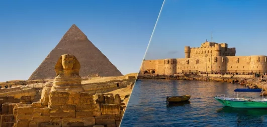 Le Sphinx et la pyramide de Gizeh, et le port d'alexandrie