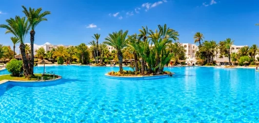 Vaste piscine turquoise entourée de palmiers et d'architecture traditionnelle à Djerba pour des vacances de détente.