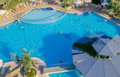 piscine et pataugeoire enfants, parasols et transats, oliviers, ponton pour rejoindre le bar terrasse
