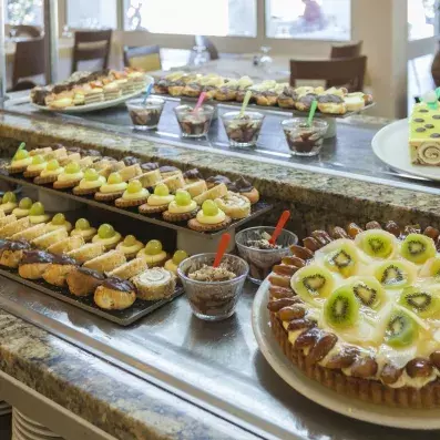 Buffet de desserts variés avec tartes, mousses au chocolat, pâtisseries et fruits frais.