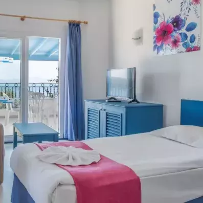 chambre avec un lit double et coin salon avec télévision