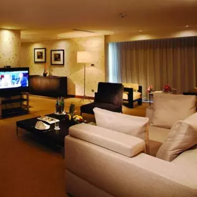 coin salon dans la suite avec canapé et télévision