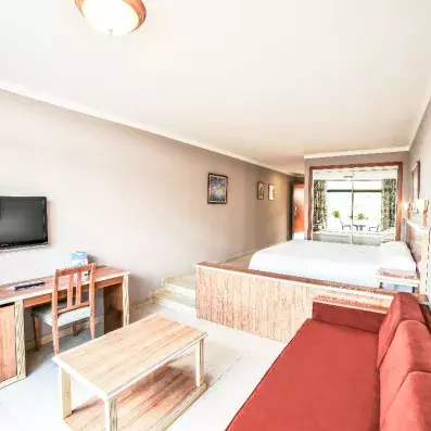 grande chambre avec un lit double et un espace salon