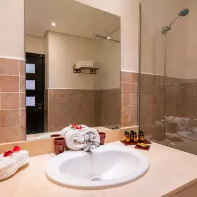 salle de bain avec lavabo intégré et un miroir juste en dessus et une baignoire avec vitre