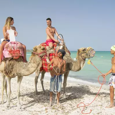 couple sur des dromadaires à la plage