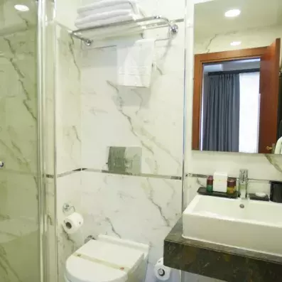 salle de bain avec miroir et toilette