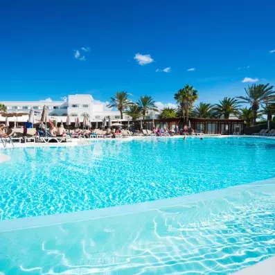 piscine extérieur avec transats et palmiers