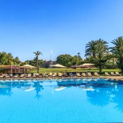 piscine extérieur, juste derrière des transats, un jardin avec des arbres et un ciel bleu