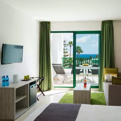 chambre avec un lit double, un canapé, une télévision et un balcon