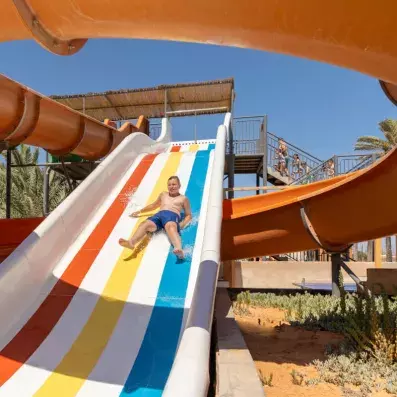 Personne glissant sur un toboggan multicolore dans un parc aquatique entouré de palmiers.
