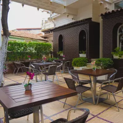 terrasse extérieur avec tables et  chaises et plantes