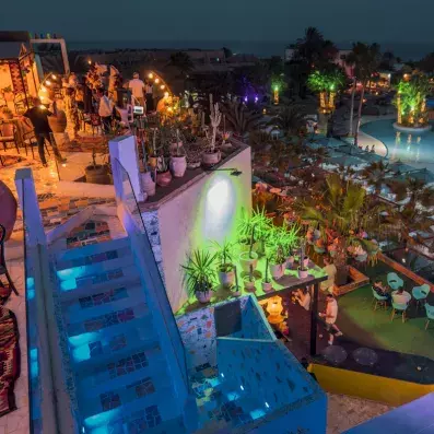 Terrasse extérieure nocturne avec escalier éclairé en bleu, plantes tropicales et ambiance festive.