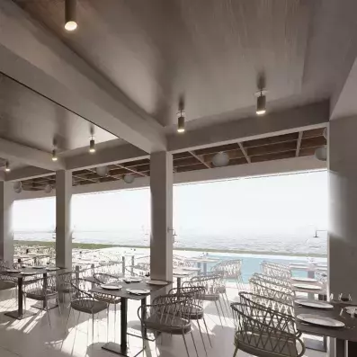 salle de restaurant sur la terrasse vue sur la piscine