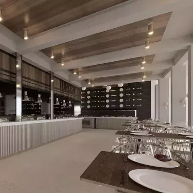 tables dressées en face du buffet