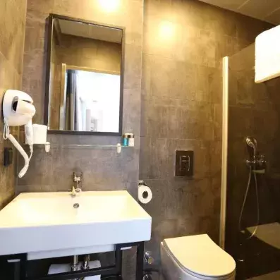 salle de bain avec lavabo et un miroir et un toilette