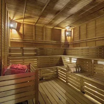 sauna avec pierre chaude et serviette