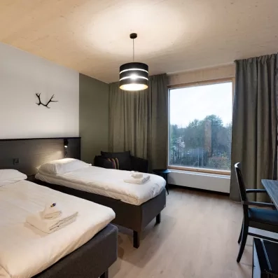 Chambre d'hôtel confortable à Sodankylä avec vue sur la forêt et décoration épurée.