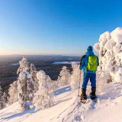 Randonneur en raquettes admirant le panorama sur les forêts enneigées de Laponie sous un ciel bleu.