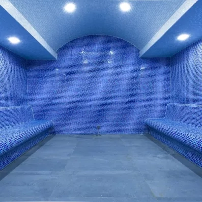 Une pièce entièrement revêtue de mosaïques bleues propose des bancs chauffants.