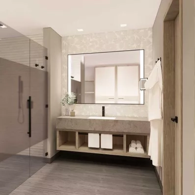 Salle de bain avec douche italienne vitrée et grand vasque en marbre avec un miroir accroché