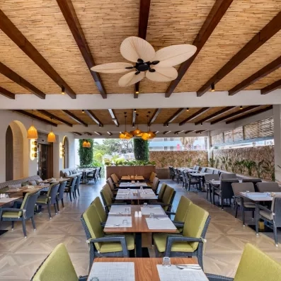 Terrasse extérieur du restaurant couverte avec des tables et chaises alignées.