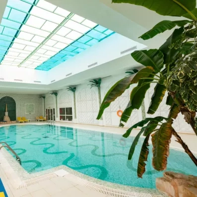 piscine intérieure vue d'un autre angles avec au plafond baie vitré 