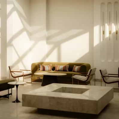 Lobby chic et lumineux avec mobilier design à l'Hôtel Seabel Alhambra Monastir