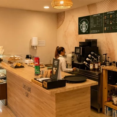 Un snack bar avec du café et des pâtisseries 
