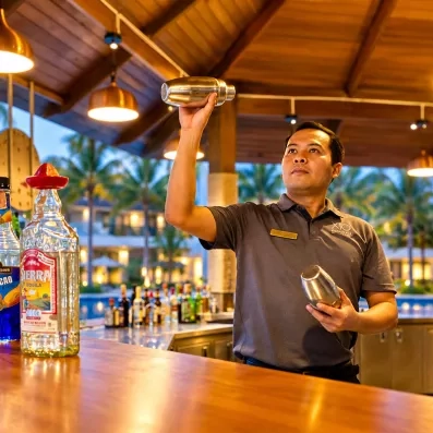 restaurant sur la plage avec des palmiers et l'hôtel en fond