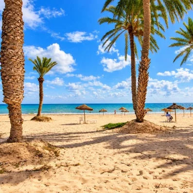 Plage de sable fin de l'hôtel équipée de parasols en paille (paillotes) et de palmiers, au bord d'une mer calme sous un ciel nuageux.
