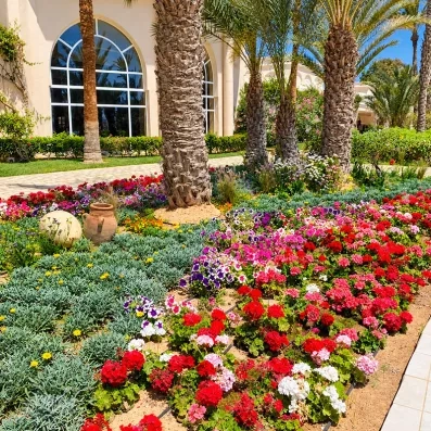 Jardins fleuris et architecture méditerranéenne de l'Hôtel Zita à Zarzis, un cadre idyllique pour des vacances en Tunisie.