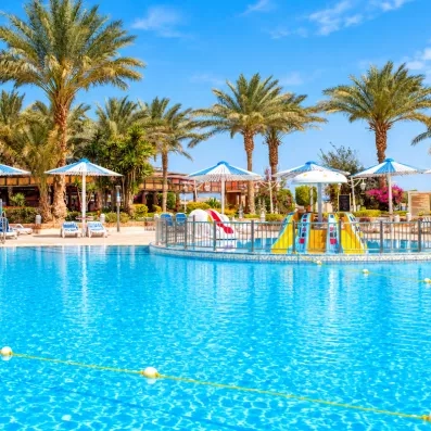 Piscine avec mini toboggans pour enfants, parasols, palmiers et transats au AMC Royal à Hurghada en Egypte
