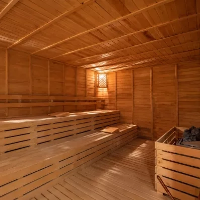 espace de détente avec un sauna en bois