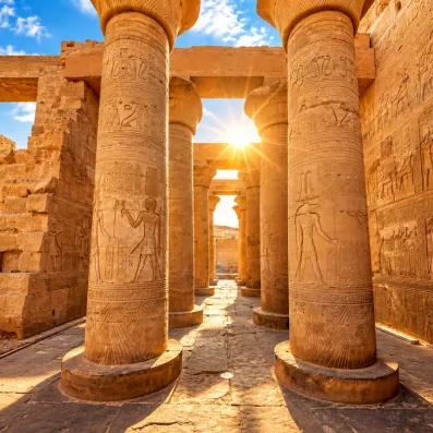Colonnes sculptées du temple de Kom Ombo sous la lumière du soleil, merveille archéologique en Égypte.