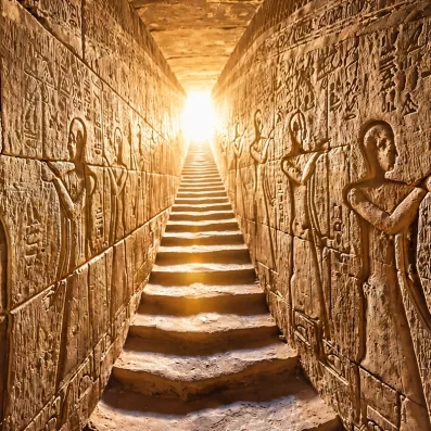 Escalier antique menant vers la lumière, murs gravés de bas-reliefs mystérieux, exploration historique à Louxor.