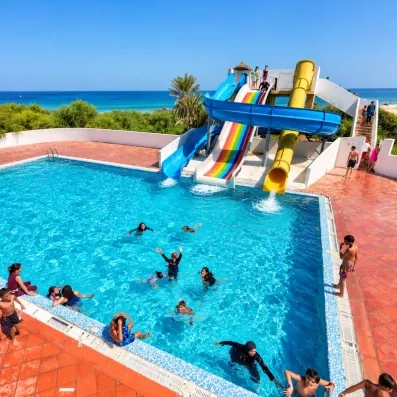 Vue sur la piscine avec toboggans, la mer à l'hotel Helya Beach à Monastir en Tunisie