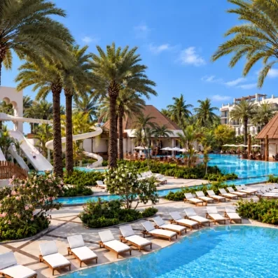 piscine lagoon avec palmiers et transats et toboggans au steigenberger aqua magic à hurghada en egypte